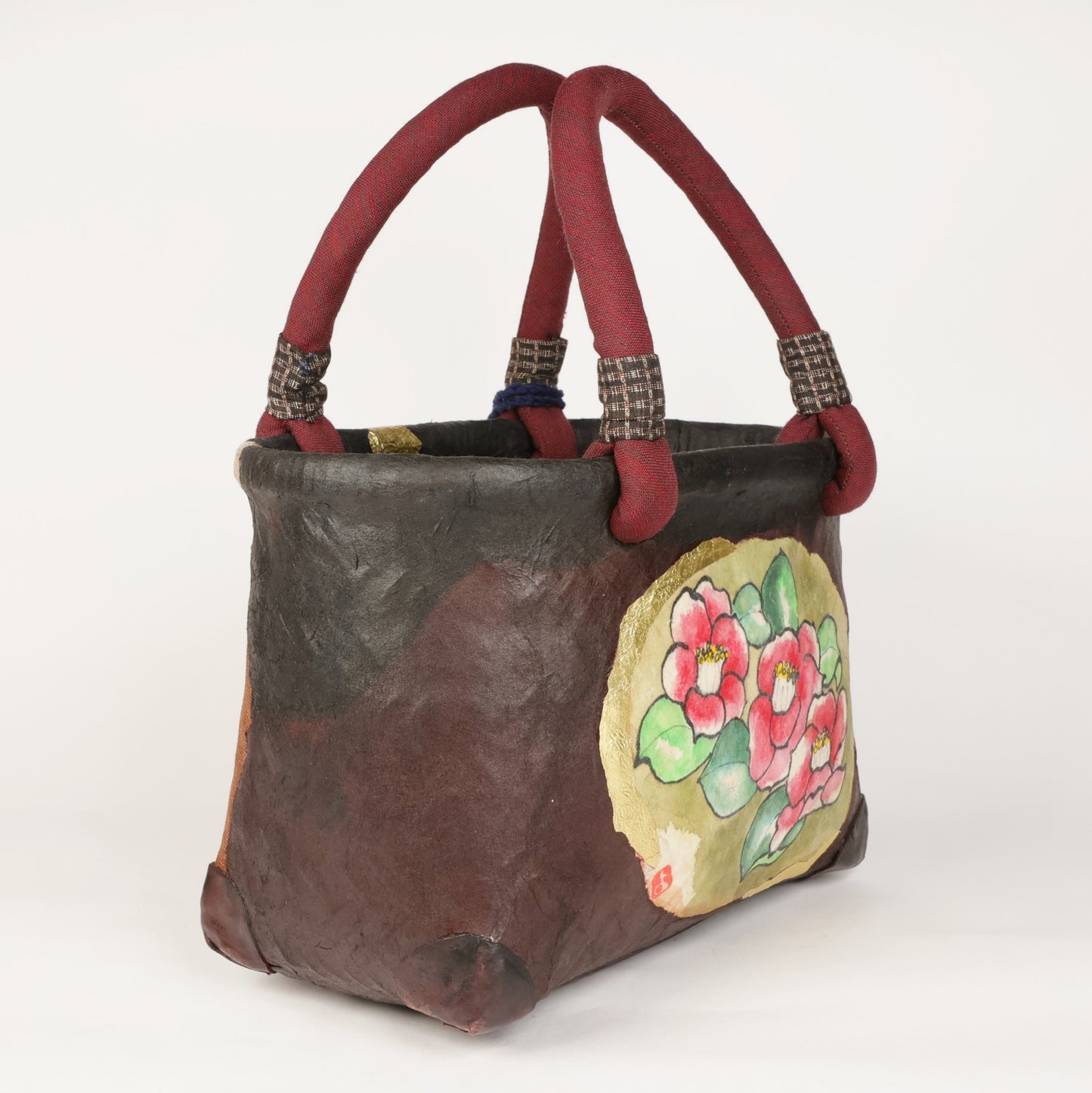 Ikkanbari, Traditional Japanese bag, Ikkanbari bag, Handmade Japanese bag, kimono bag, Japanese basket, Camellia pattern Japanese basket, Free Shipping